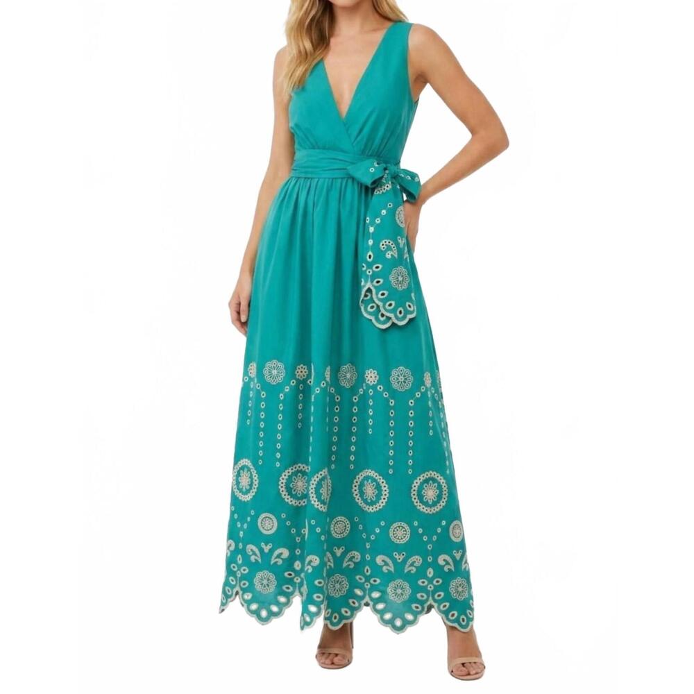 NEW CHICWAYS jade eyelet embroidered sleeveless maxi dress in green